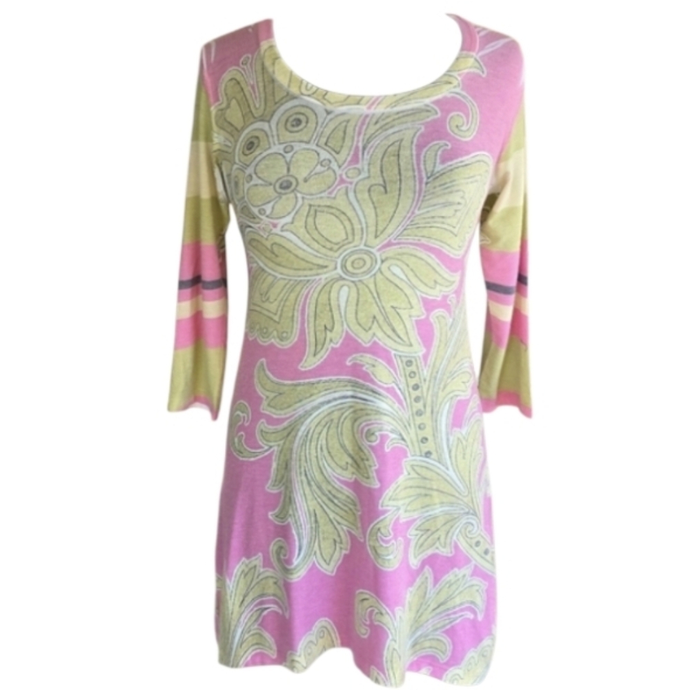 Before + Again Small Stretchy Y2K Floral Long Sleeve Dress - Pink and Green